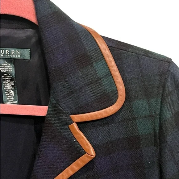 Ralph Lauren Women's Navy Blue, Green Plaid Jacket with brown leather trim acc